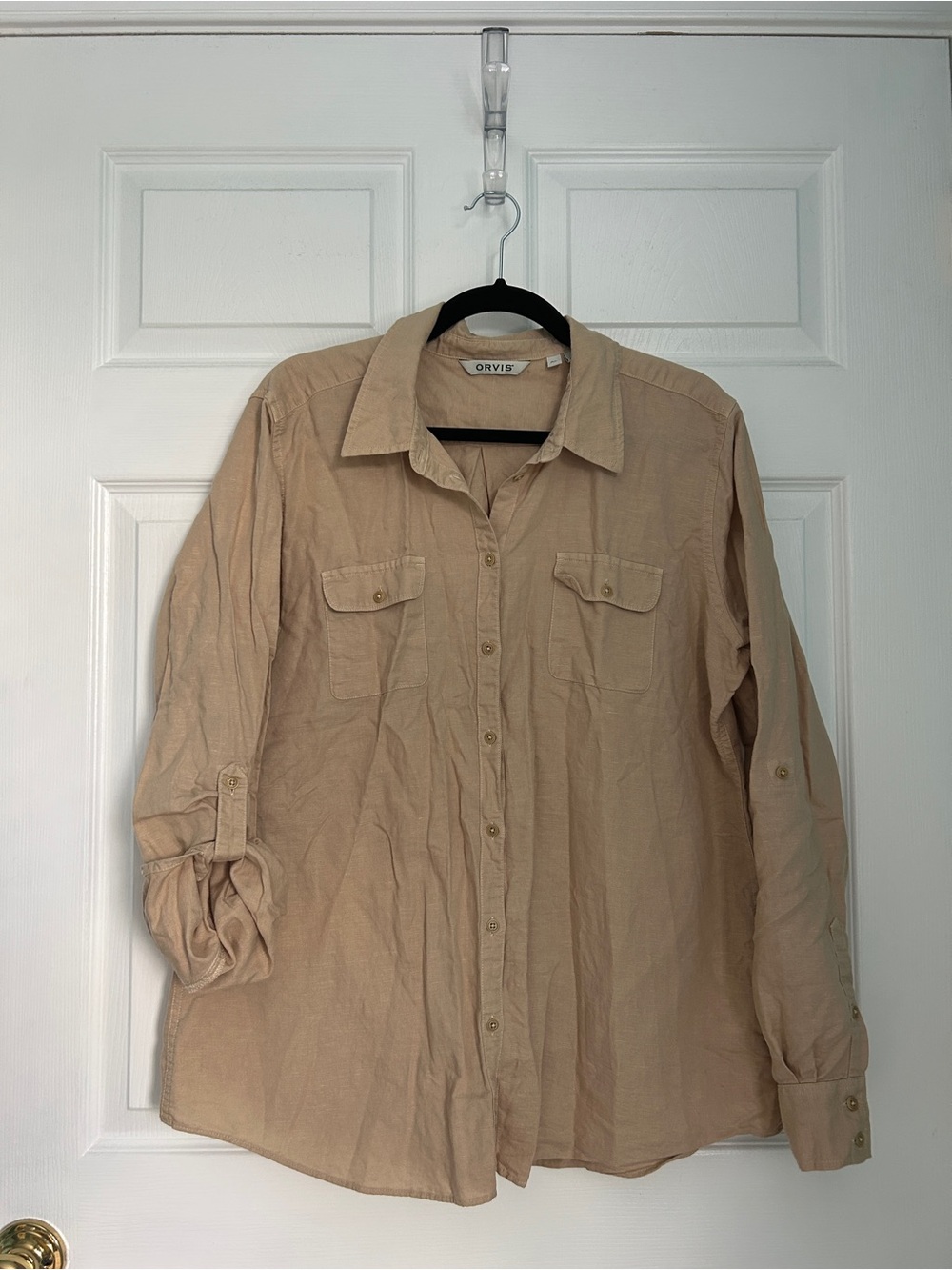 BUNDLE Orvis Women’s Light Tan & Green Button-Front Shirt (linen/cotton blend)